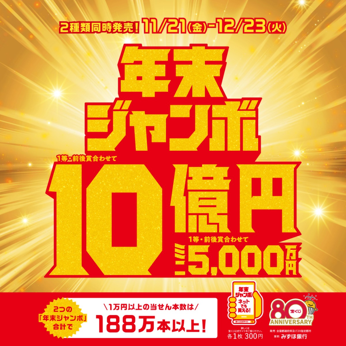 【読者プレゼント企画付】宝くじは今年で80周年☆記念すべき神回を見逃すな！年末ジャンボ発売中【12/23（火）まで】