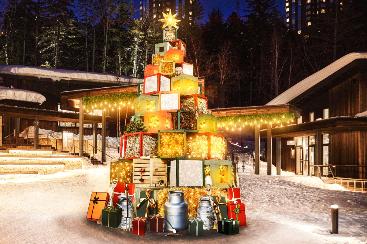 牧草と牛乳瓶が輝く、トマムの牧場クリスマス